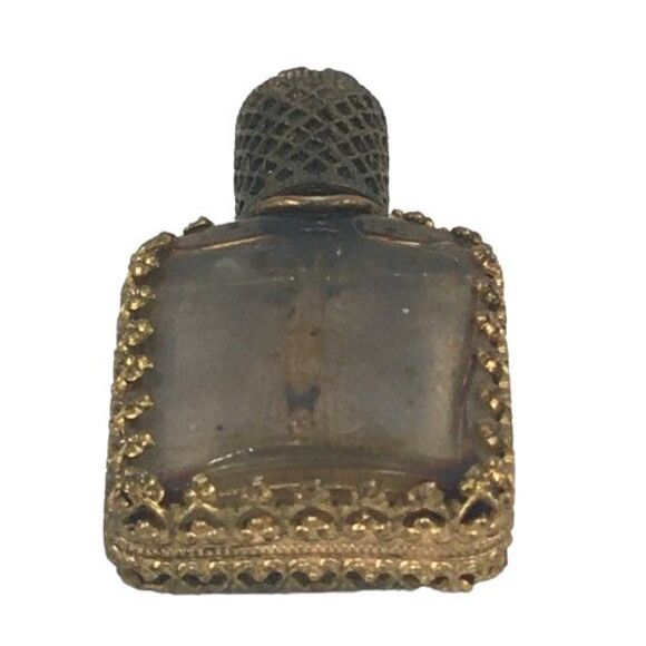 Vtg Austrian Glass Perfume Bottle Petit Point Floral Rose Brass Filigree Ormolu - Picture 8 of 13